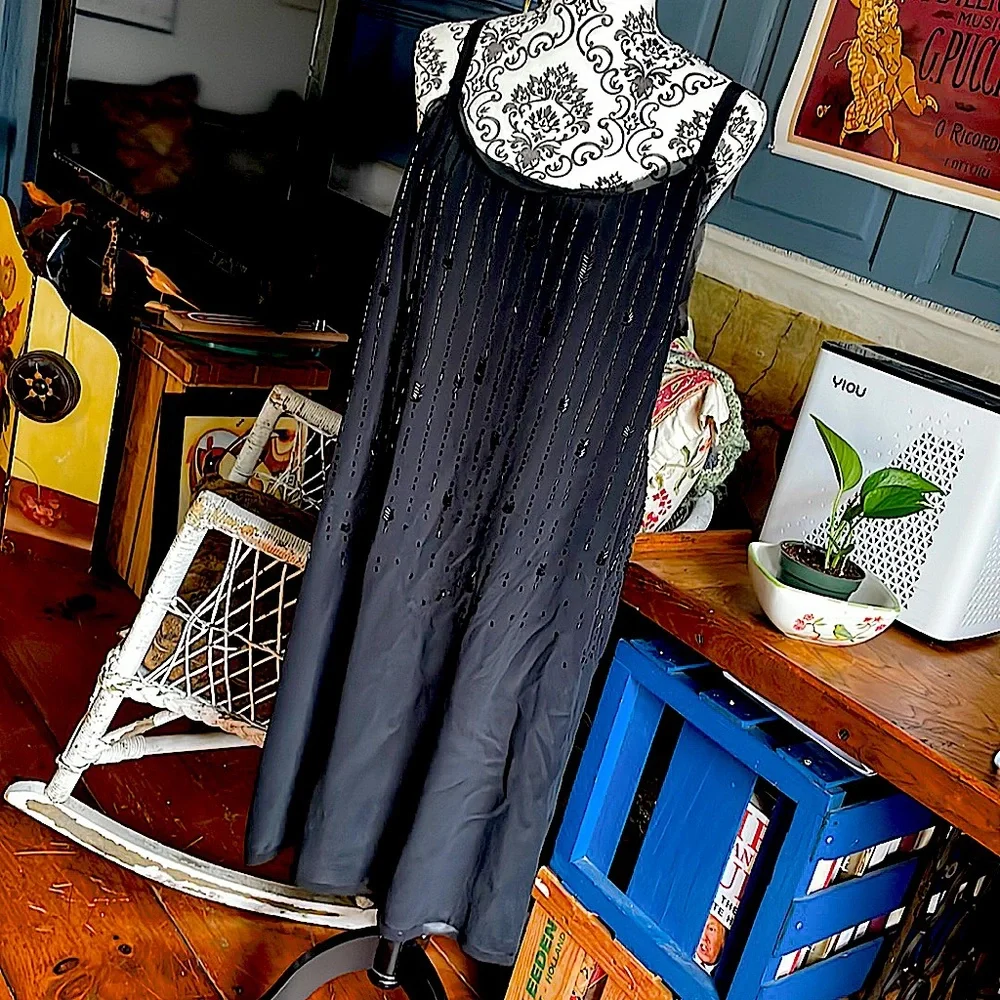 Eileen Fisher 100% Silk Dress Black with sequins spaghetti straps. Size 16 - Picture 1 of 14